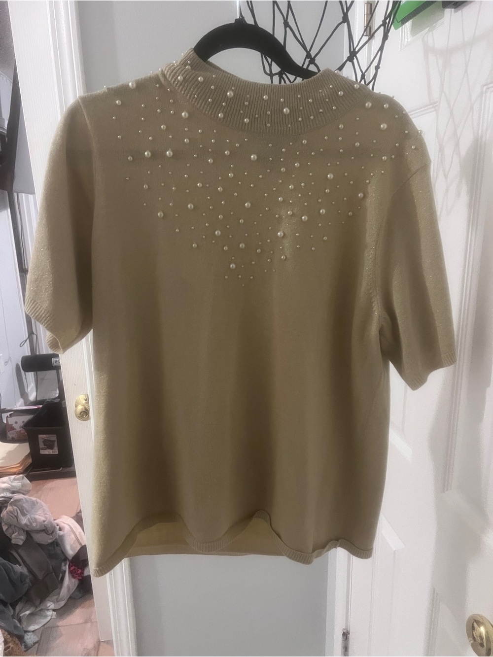 Susan Graver Pearl-Embellished Short Sleeve Sweater Top - Cream